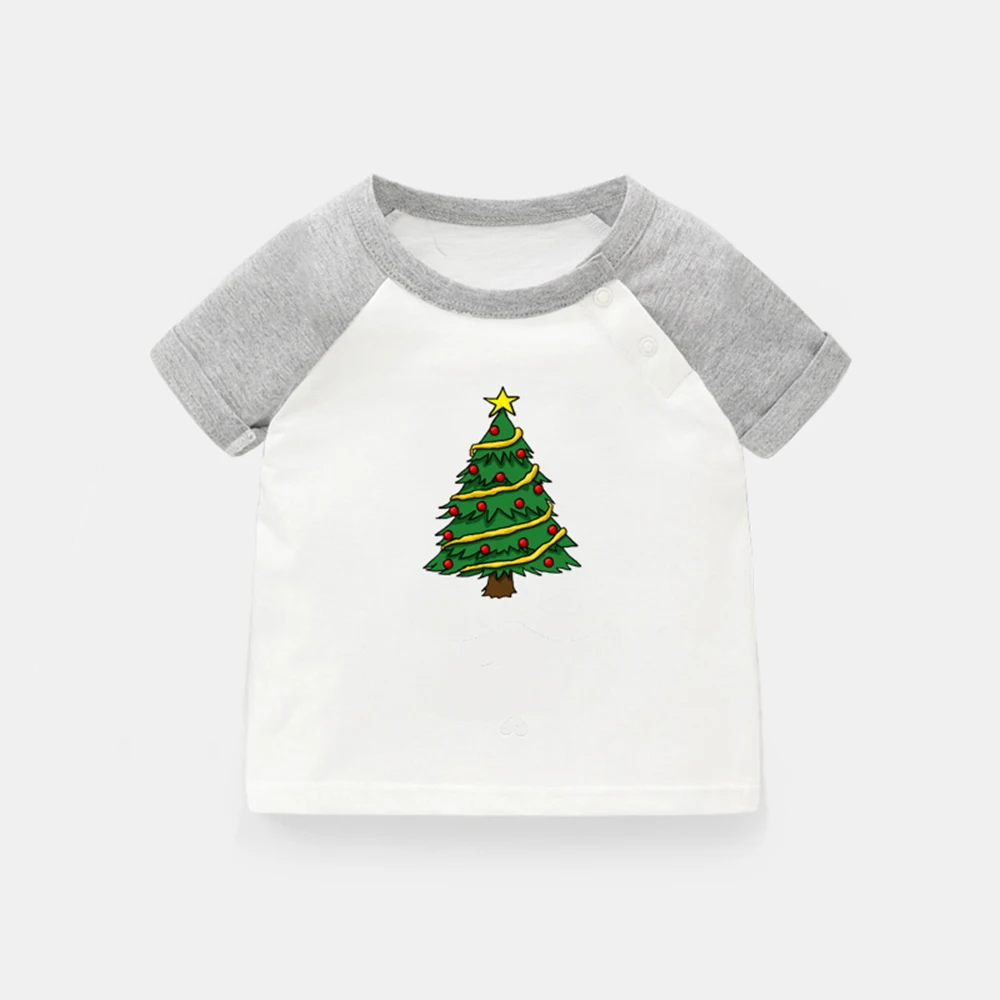 Christmas Tree Bear Funny Cool Reindeer Design Newborn Baby T-shirts Toddler Graphic Raglan Color Short Sleeve Tee Tops