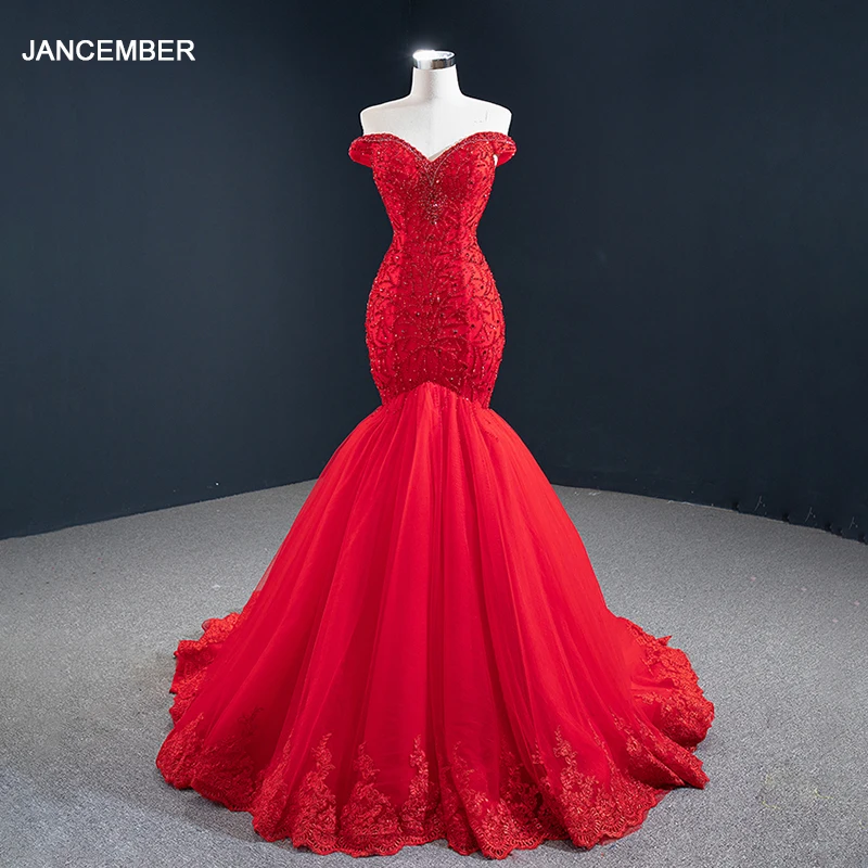 

J67150 Jancember Red Sexy Mermaid Evening Dresses Sweetheart Neck Off The Shoulder Sequined Beading Robe de soirée sirène rouge