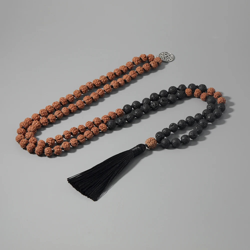 Rudraksha&Black Lava Beaded Knotted 108 Mala Necklace Meditation Yoga Japamala Jewelry with Tree of Life Charm