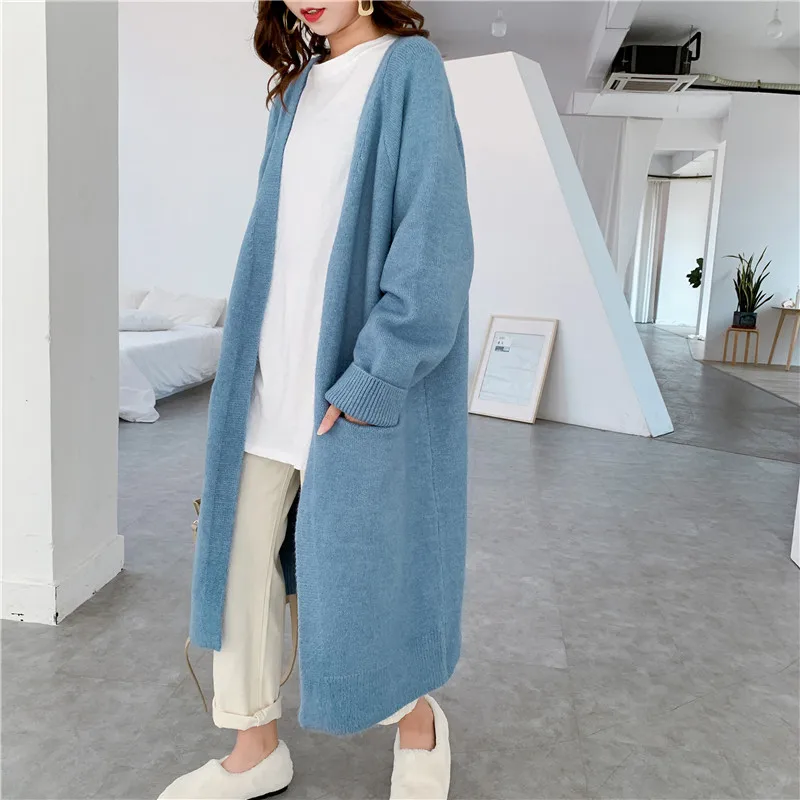 [ZAYAU]Cashmere Cardigan women's Middle Long Autumn Winter V-neck Casual Lazy Wind With Thick Knitted Sweater Coat