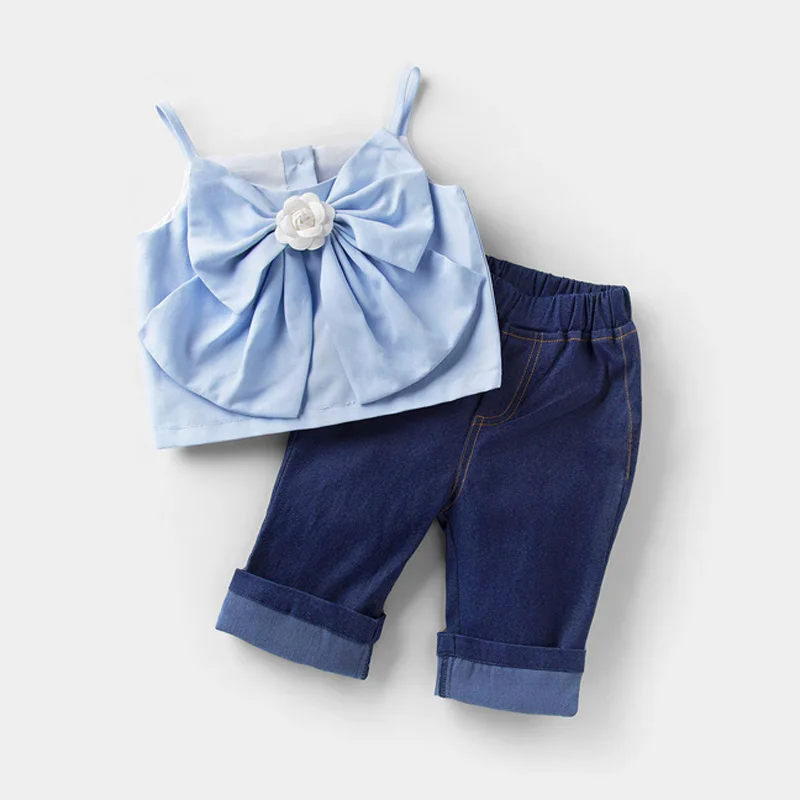 Summer Girls\' Clothing Sets Korean Denim Short-sleeved T-shirt+High Waist Skirt 2PCS Baby Kids Clothes Suit Children Clothing