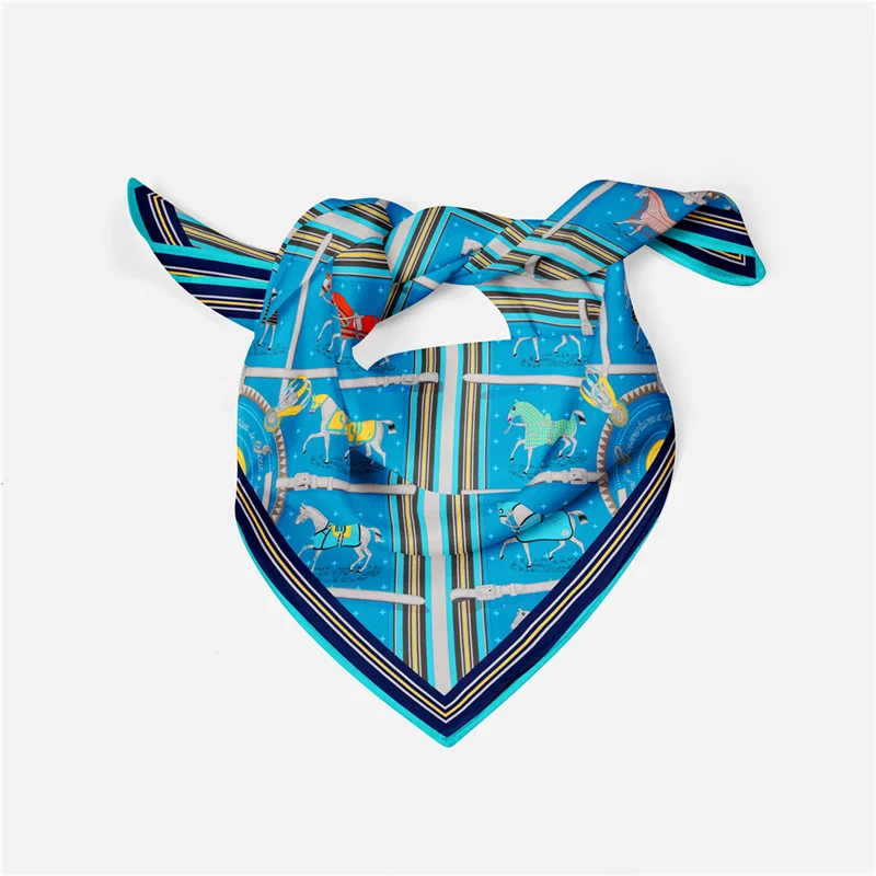 POBING Twill Silk Scarf Woman Horse Print Square Scarves Wraps Bandana Small Hijab Foulards Lady Tie Headband Neckerchief 53CM