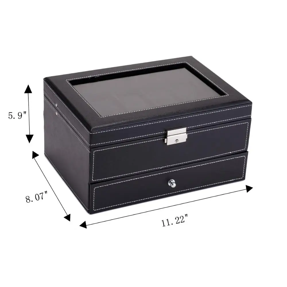 Mens Watch Box Organizer 10 Slots Lockable Jewelry Display Case with Real Glass Top Faux Leather Black/White[US-Stock]