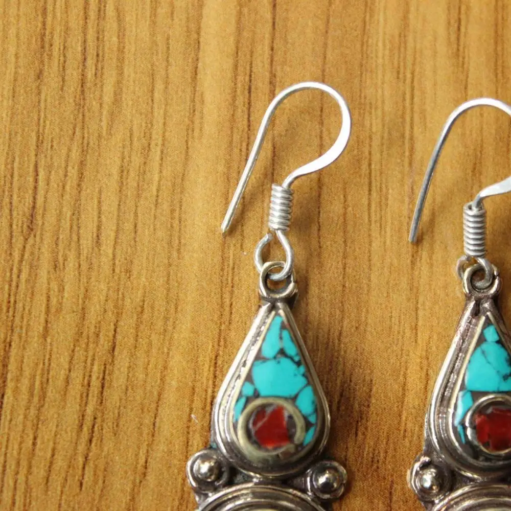 ER179 Nepal Hand Jewelry Tibetan Ethnic Earrings For Lady Vintage Copper Inlaid Turquoises Coral Stone Dangle Earring