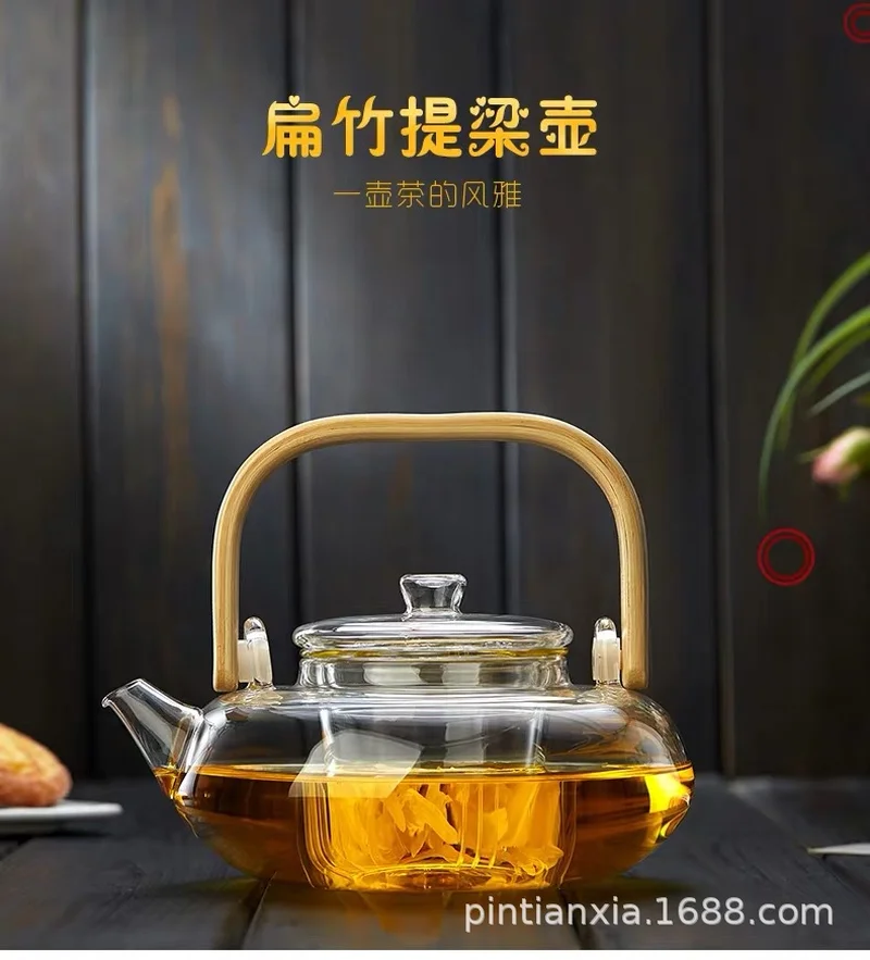 Bamboo-wood Glass Tea-making Teapot Hand-thickened Tea Pot with Filter Liner Flower Can Be Heated By Electric Pottery Oven F