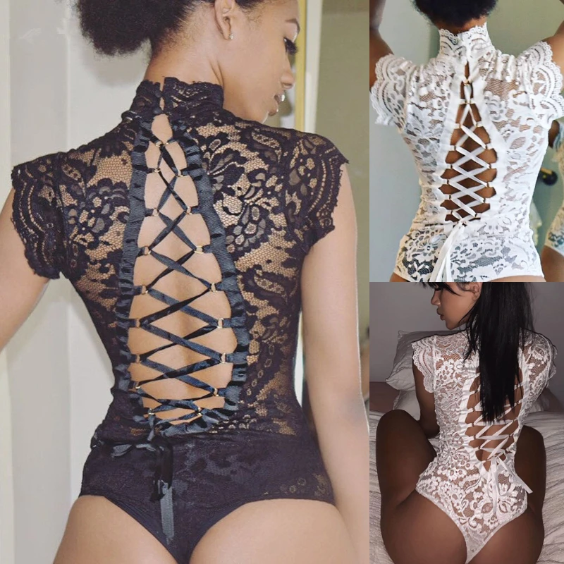 GAOKE Sexy Women Slim White Bodysuit Lace Leotard Top Short Sleeve Jumpsuit Hollow Out Clubwear S-XL