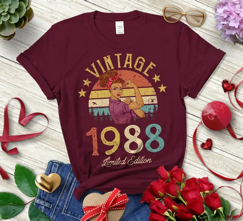 

Vintage 1988 Limited Edition Retro Womens Shirt Funny 33rd Birthday Party Harajuku Female Clothing Cotton Short Sleeve Top Tees