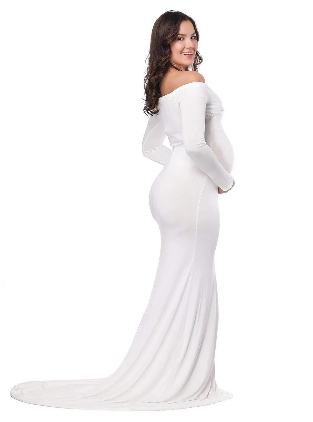 Fall Maternity Elegant Fitted Gown pregnant photo shoot clothing Long Sleeve V Neck Ruched Slim Fit Maxi pregnant Long Dress