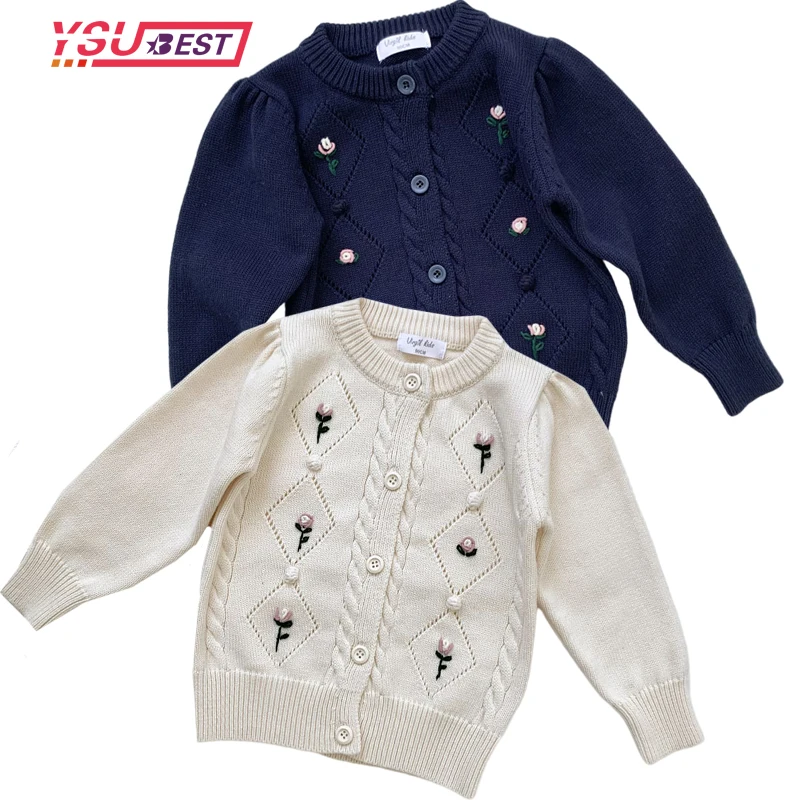 2021 Autumn Baby Girls Knitted Sweaters Jacket Korean Style Embroidery Floral Tops Kids Cardigan Coats Children Clothes Cotton