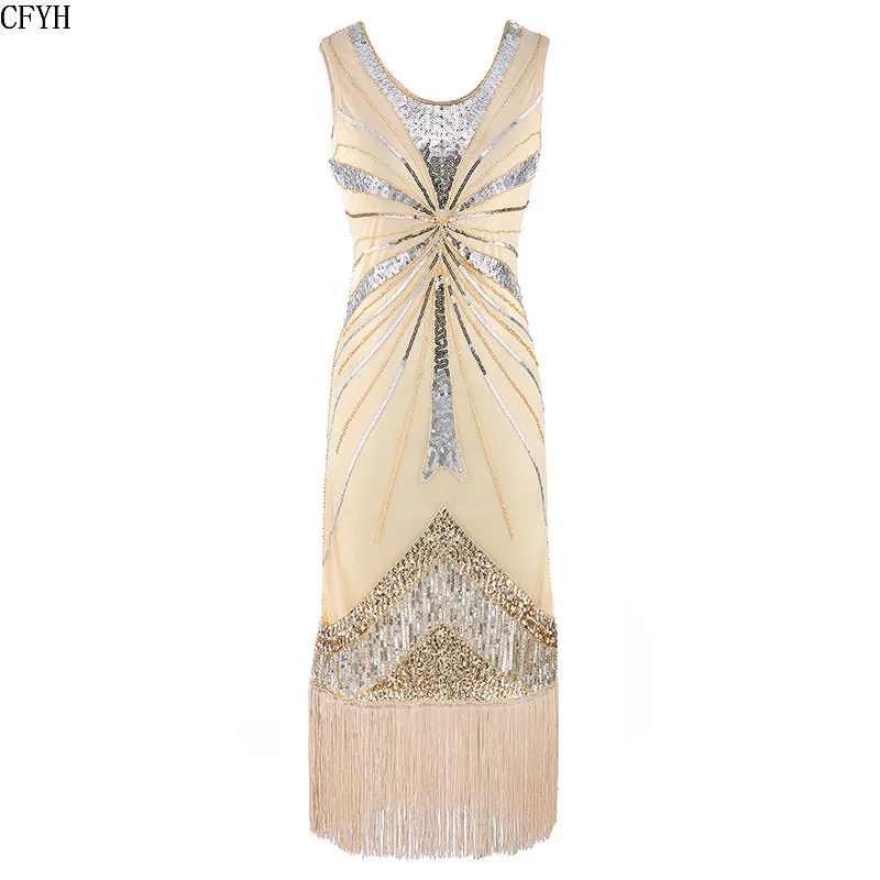 

1920s 30s Great Gatsby Robe Sequined Embellished Fringed Dress O-Neck Tassel Flapper Dress Summer Party Dresses Vestidos