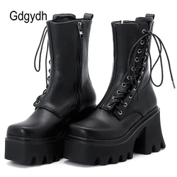 Gdgydh High Quality Women Boots With Zipper Side Lace Up Fashion Model Shoes For Girls 90s Rubber Sole Mid Calf Platform Boots