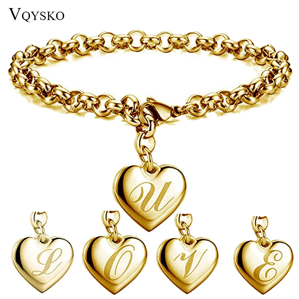 New Gold Color Initial Alphabet Heart Charm Bracelets For Women Stainless steel Link Chain Bracelet With 26 letter Engraved