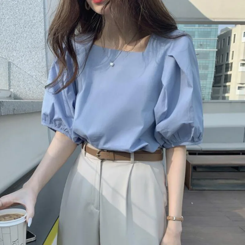 

2021 Women Summer Casual Basics Shirt Square Collar Lantern Sleeve Blouse Solid Color Pullover Tops