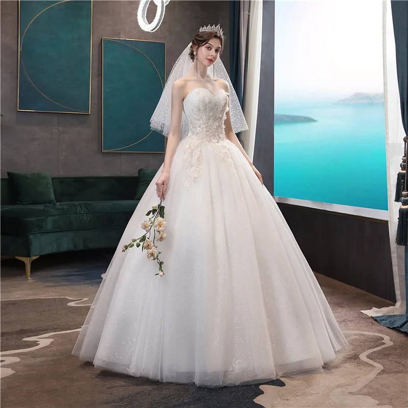 Vestido de casamento clássico sem alças com trem, vestido de baile com renda, luxo, bordado, grifo, 2021