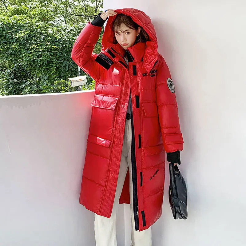 

2023 Hooded Padded Winter Jacket Women Parka Fashion Glossy Down Cotton Coat Mid-Length Outerwear Clothes Loose Warm Femme Hiver