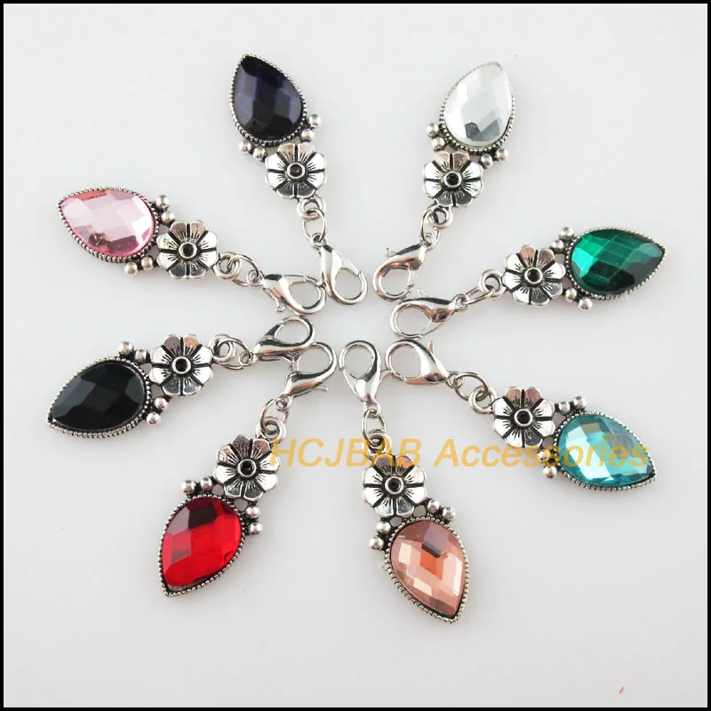 8 New Flower Teardrop Charms Crystal Mixed Retro With Lobster Claw Clasps Pendants