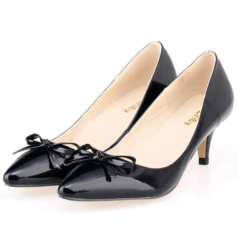 

LOSLANDIFEN Women Sexy Low Mid Kitten Heels Shoes PU Patent Leather Pointed Toe Work Pumps With Bowknot Wedding Shoes 678-3