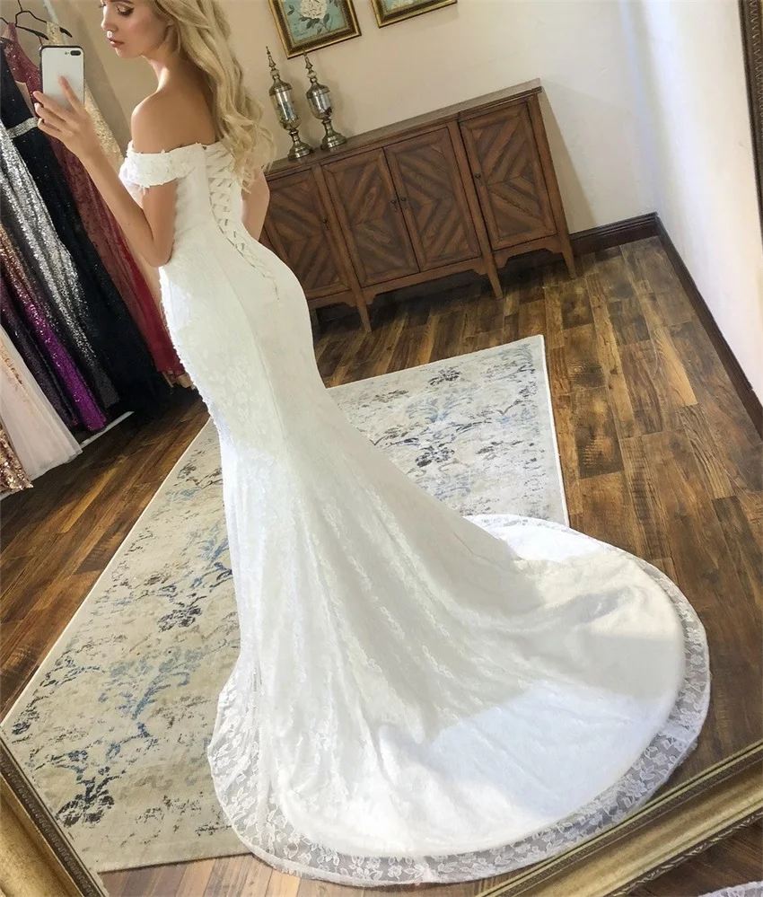 NUOXIFANG White 2020 New Style Boat Neck Beautiful Lace Wedding Dress Vestido de noiva Wedding Gowns Mermaid Bridal dress