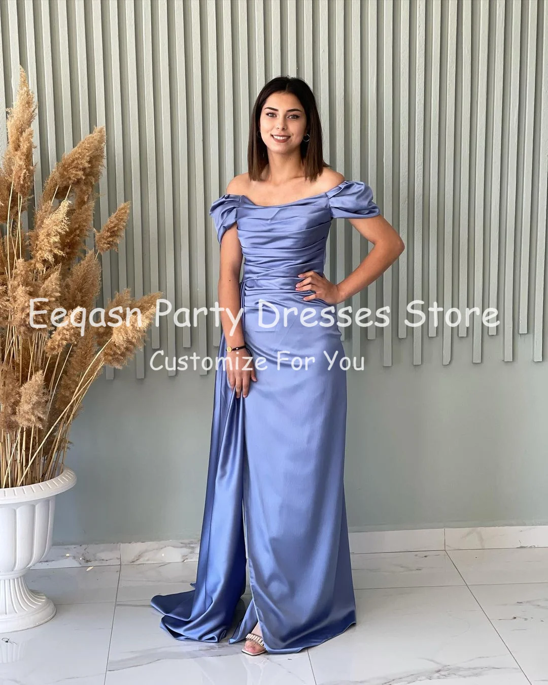 Eeqasn Purple Sheath Party Dresses For Bridemaid Off The Shoulder Sleeves Women Wedding Guest Dress Pleated Slit Prom Gowns