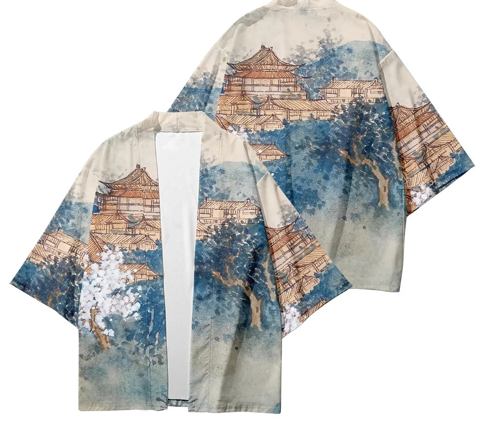 Kimono de verano con estampado 3D para hombre, camisa de siete puntos, cárdigan suelto, tejido con plumas, novedad