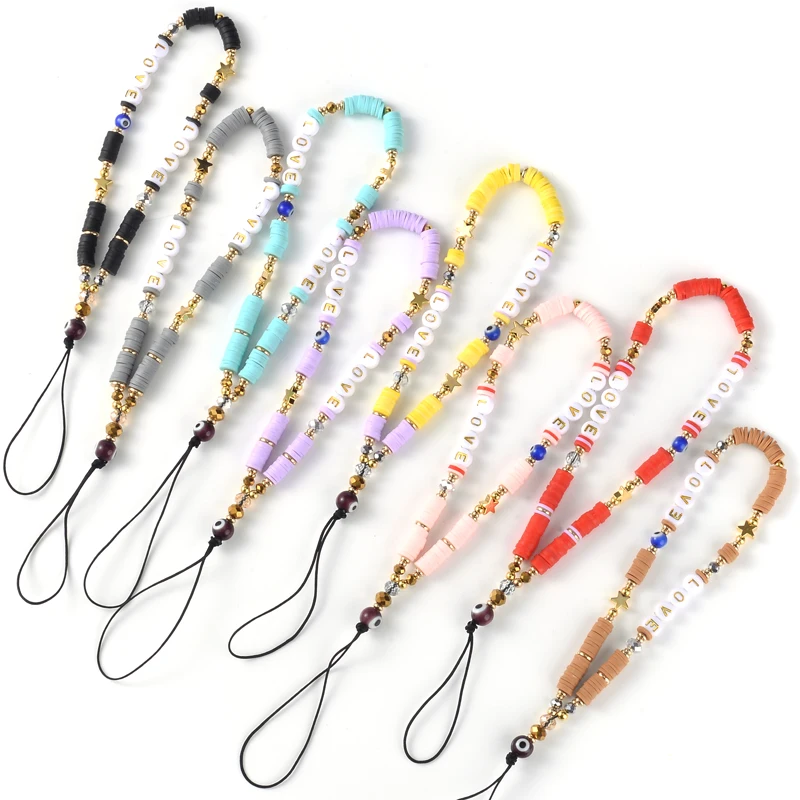 New Fashion Acrylic Letter Mobile Strap Lanyard Anti-Lost Telephone Jewelry Boho Black Polymer Clay Beads Mobile Phone Chain