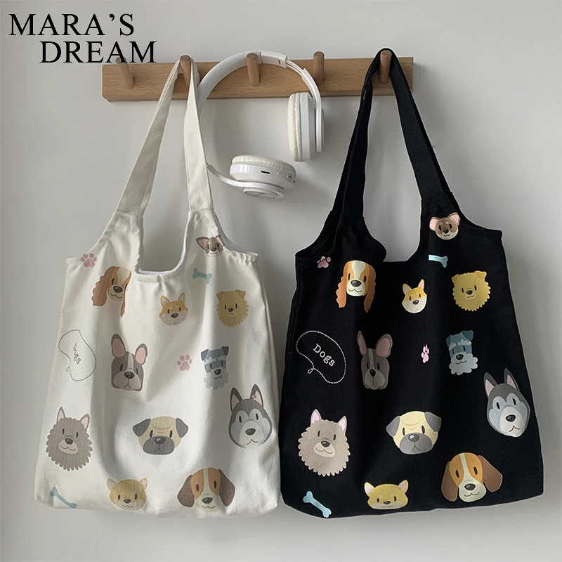 Mara\'s Dream Canvas Tote Shoulder Bags Items Cartoon Dog Cotton Cloth Shopper Bag Korean Large Fabric Eco Shopping Bag Handbags