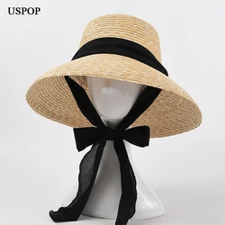 USPOP-Chapéu de sol de palha estilo francês feminino, aba larga, chapéus de praia com renda, verão, novo