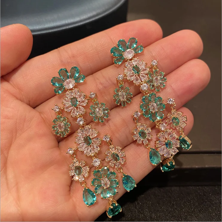 Women Green Flower Earrings Water Drop Pendant Temperament Wedding Dinner Zircon Earrings Three-dimensional Flower