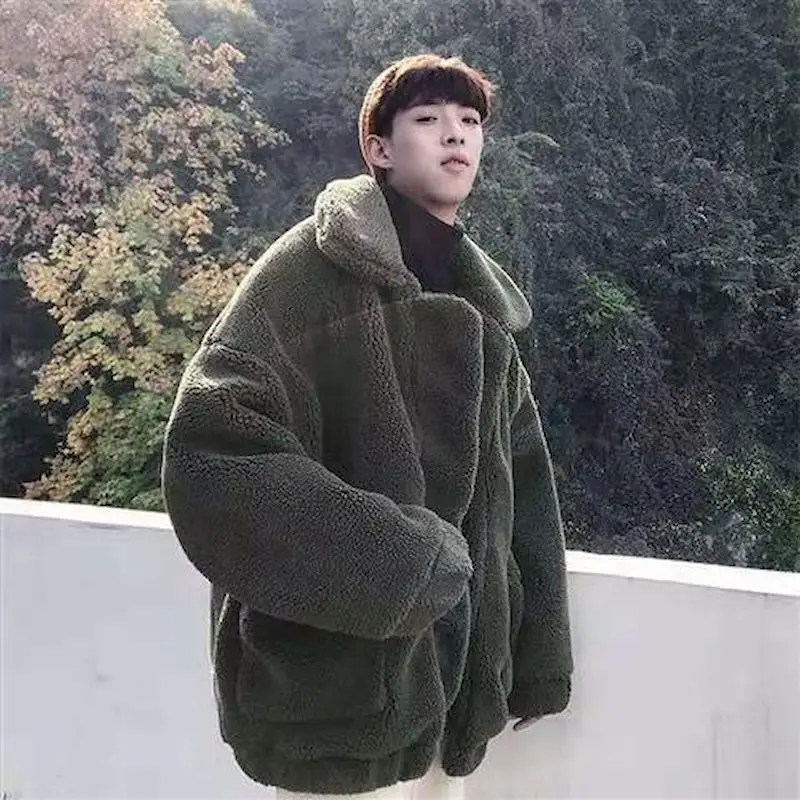 2024 Men's Woolen Jacket Winter New Student Korean Version Cotton-padded Coat Hong Kong Style Plus Velvet Thick Loose Oversized