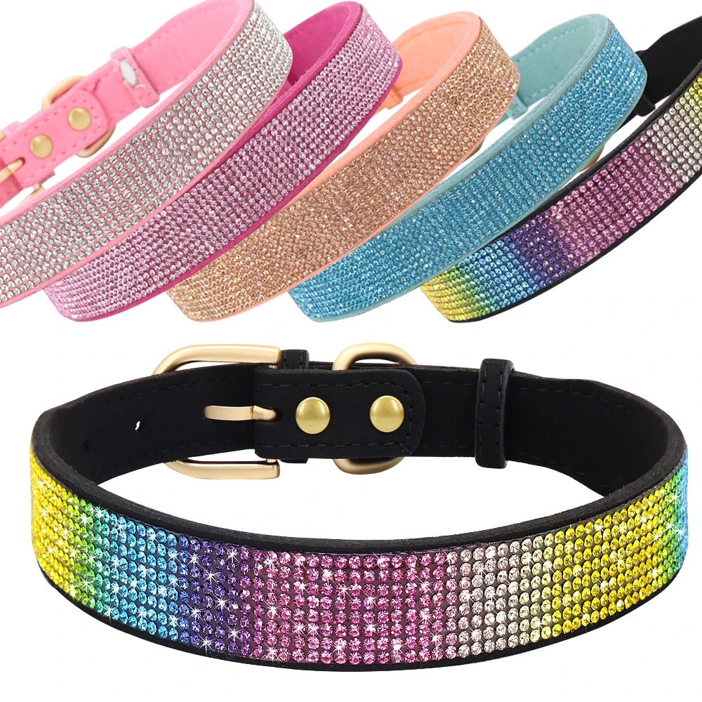 Rhinestone Dog Collar Soft Suede Leather Dog Cat Collar Crystal Diamond Sparkling Pet Dog Puppy Collar for Chihuahua Yorkshire