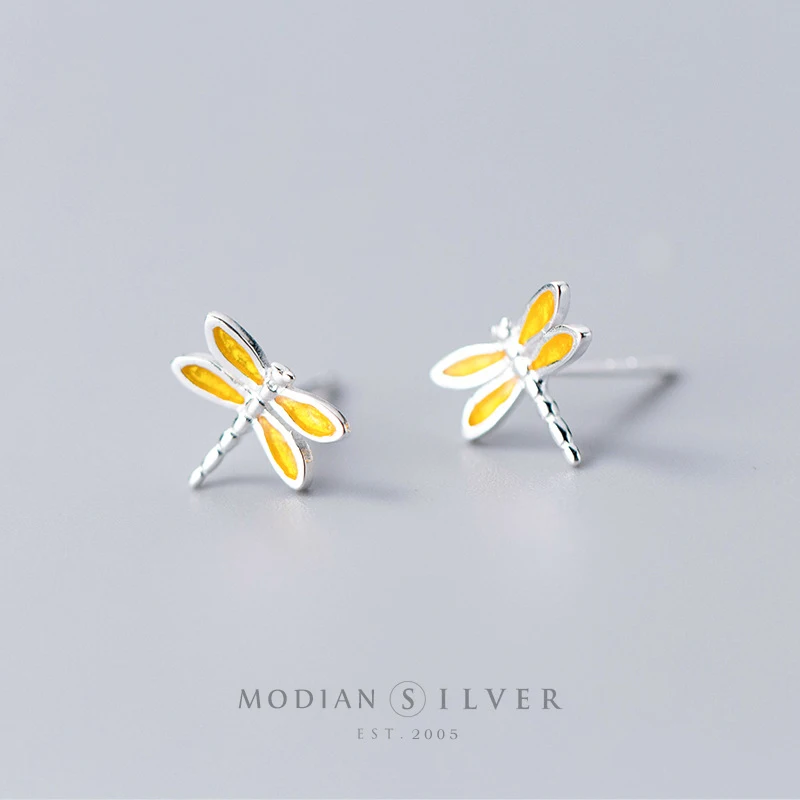 

Modian Tiny Sweet Insect Small Ears Pin 100% 925 Sterling Silver Yellow Enamel Dragonfly Stud Earrings For Women Fine Jewelry