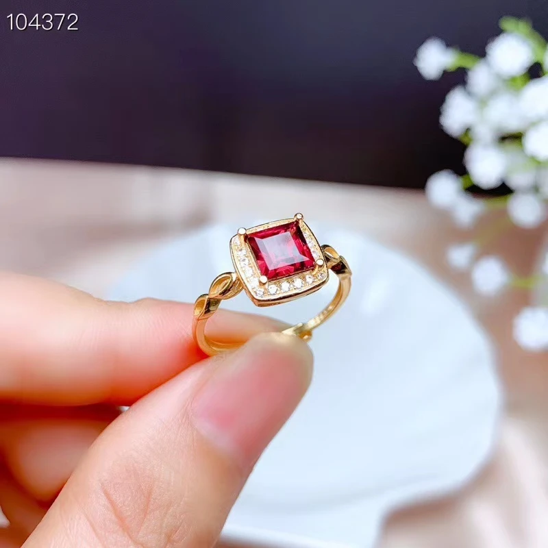 

new square garnet gemstone ring for women ornament real 925 silver gold plated natural gem birthday gift fashion present