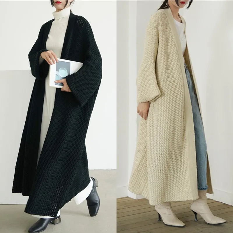 [ZAYAU]Long Large Sweater Coat Women Over the Knee in Autumn and Winter Lazy Loose Oversize Cardigan Solid Color Blue Rice White