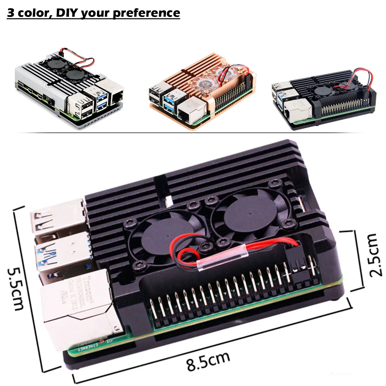 Raspberry Pi 4 Modell B Metall-Aluminiumgehäuse mit Dual-Lüfter-Kit, Lüfter + Kühlkörper-Set für Raspberry Pi 4, 4B, mehrfarbig