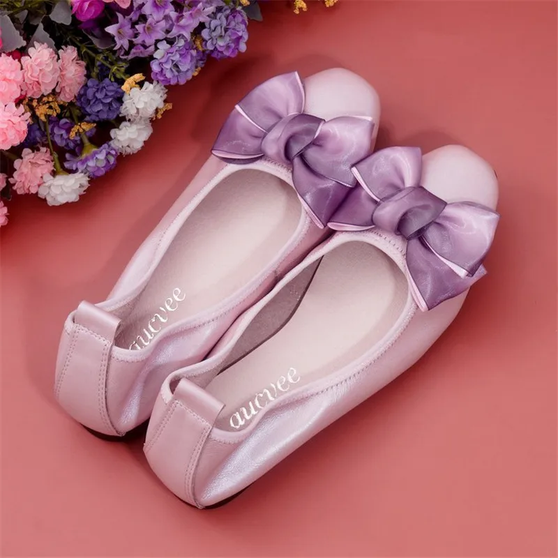 Fashion Butterfly-knot Flats Shoes Women Square Toe Party Genuine Leather Ballet Flats Big Size 3.5-12 Shallow Ladies Flat Shoes