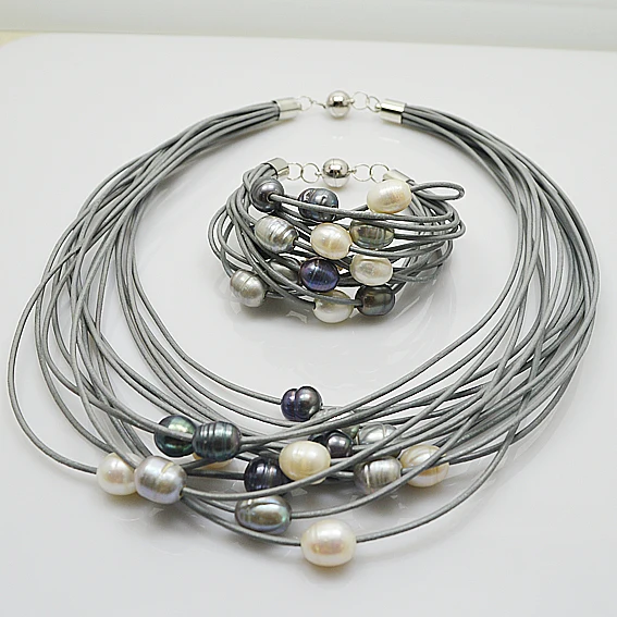 

Genuine Real Pearls Gray Leather Necklace Bracelet Jewelry set White Gray Black Color Rice Freshwater Jewelry Magnet clasp