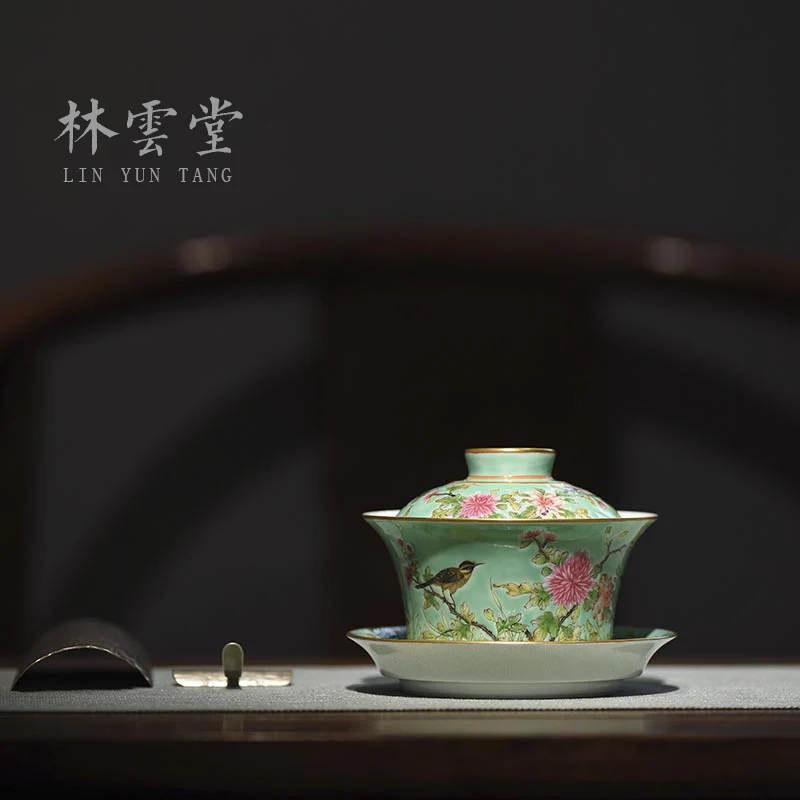 butterfly, bird, chrysanthemum, green space, enamel, three talent covered bowl, Jingdezhen handmade ceramic tea cup