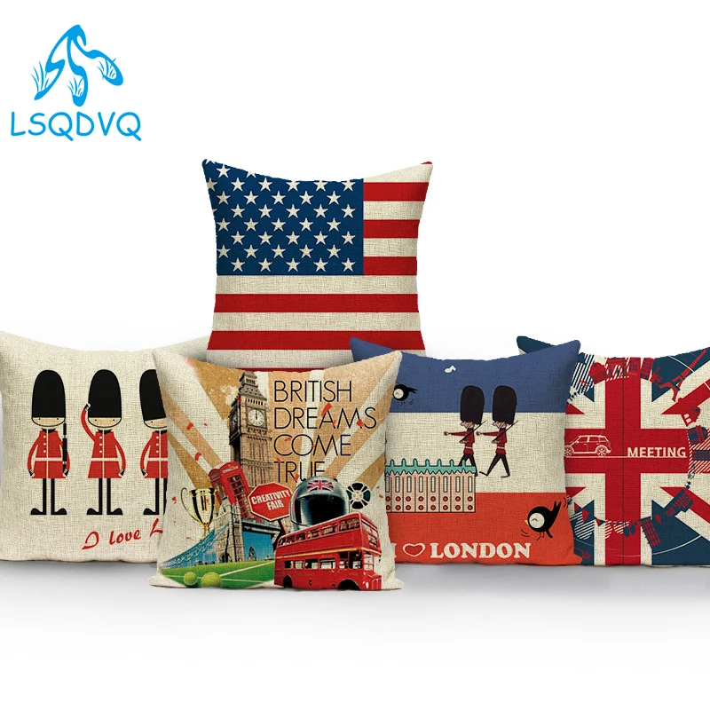 British Style London Bus Soldier Flag Polyester Sofa Home Pillow Cover Decoration Retro Cushion Cover Living Room Decoration