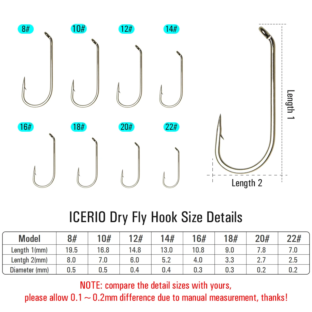 ICERIO 500/1000PCS Fly Tying Hook High Carbon Steel Nymph Dry Wet Fishing Fly Hook Down Eye 1X Long Shank Round Bend