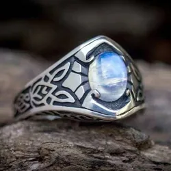 Punkboy Vintage Silver Color Oval Moonstone Ring for Boho Jewelry Gift Wedding Rings Opal Ring Mens Rings Wedding Band