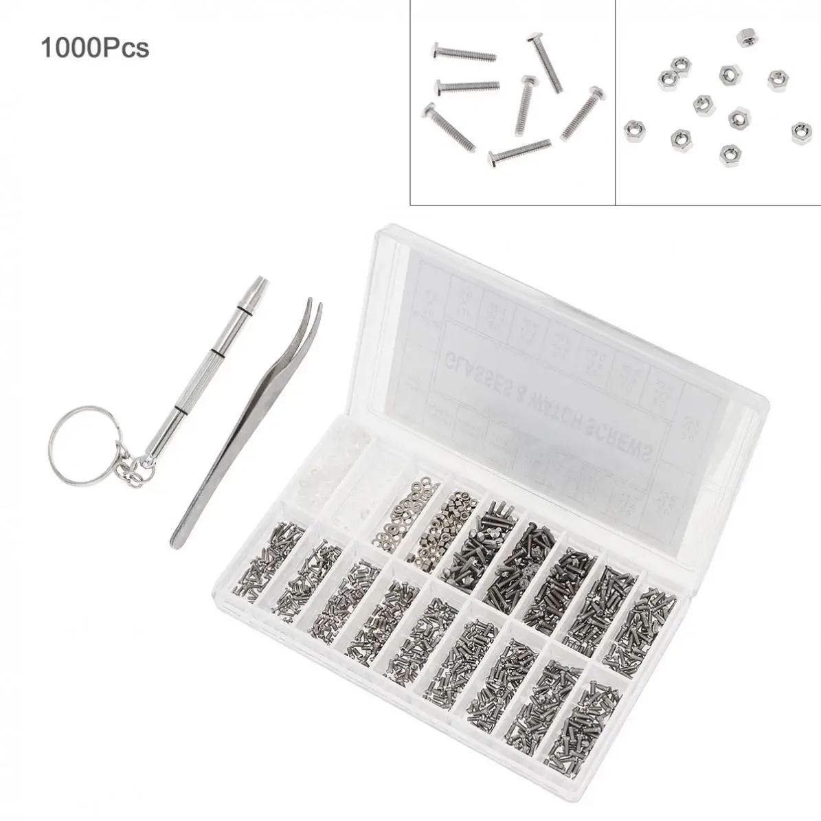 1000pcs/lot Boxed Tiny Screws Nut Watch Eyeglass Glasses Repair Tool Set Kit with Screwdriver and Tweezers