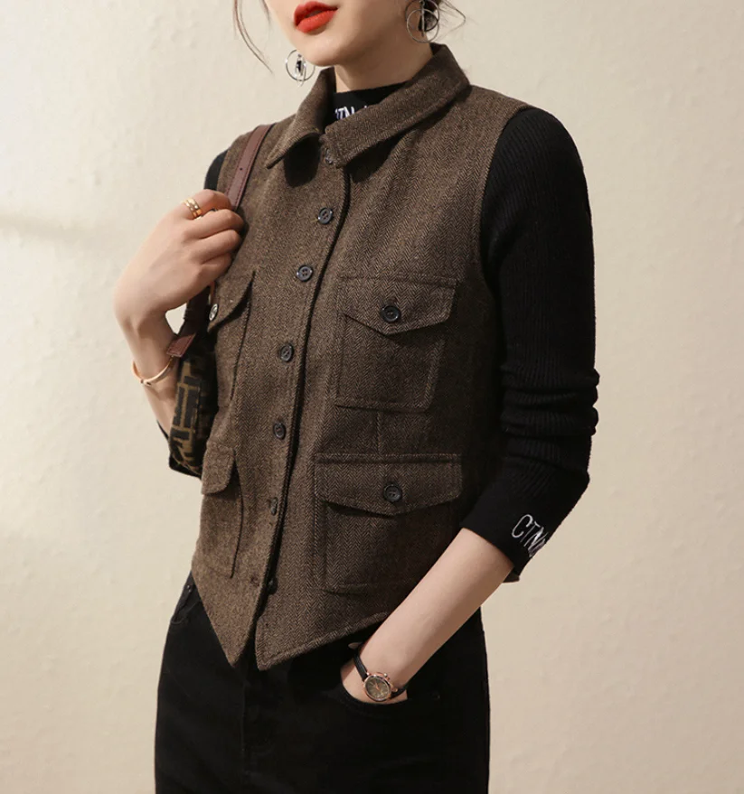 Dames Herringbone Tweed Vest Slim Fit Business Jack Dames Mouwloos Retro Vest Жилетка Женская