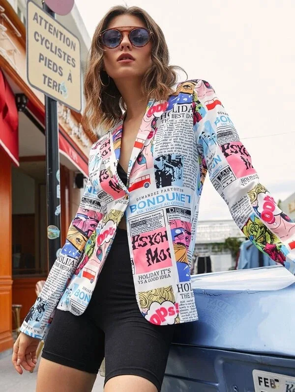 Newspaper non-positioning Printing Ladies short Small Suit Jacket Women's Clothing