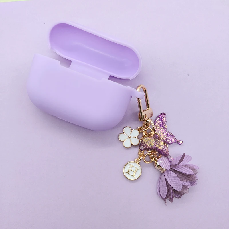 Airpods pro 3用シリコンケース,イヤホン用のキュートで光沢のあるケース,花と蝶のデザイン,夢のような紫色