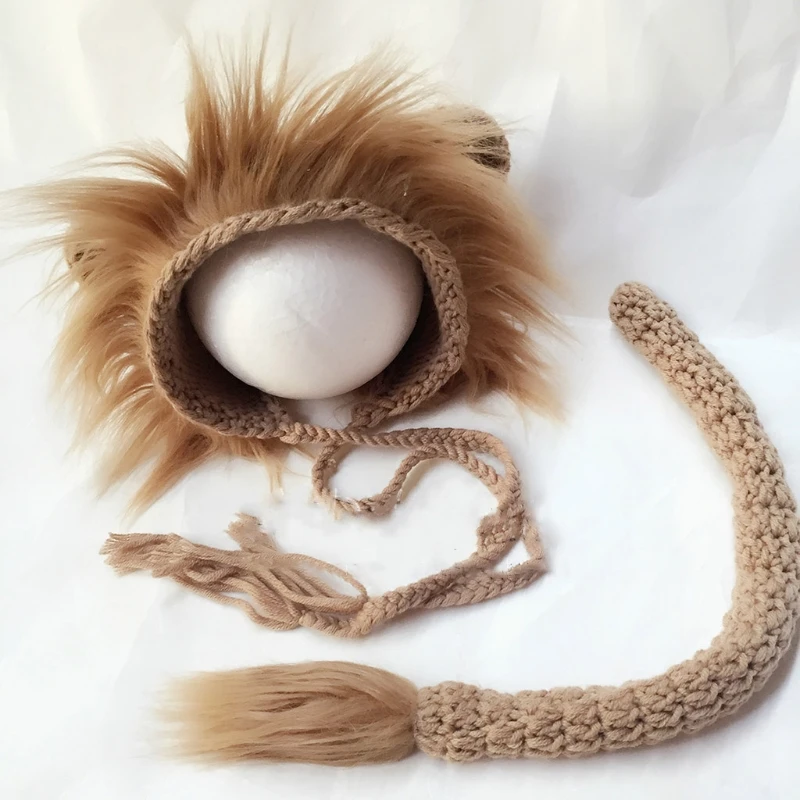 2 Pcs Baby Props Lion Hat Tail Set Newborn Photography Costumes Handmade Knitted Clothes Boys Girls Photo Shooting Outfits