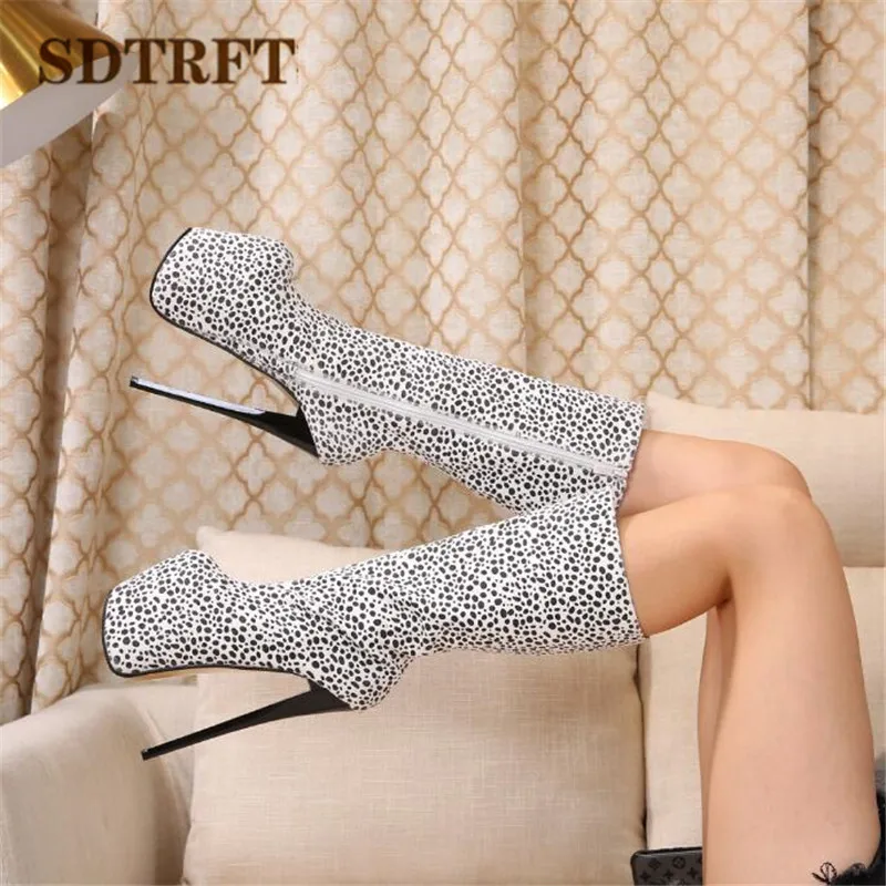 

SDTRFT leopard print shoes woman 19cm Thin Heels Knee-High boots Round Toe Platform botas mujer botas Pumps US14 15 16 17 18 19