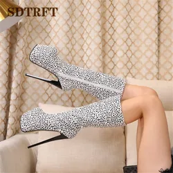 SDTRFT leopard print shoes woman 19cm Thin Heels Knee-High boots Round Toe Platform botas mujer botas Pumps US14 15 16 17 18 19