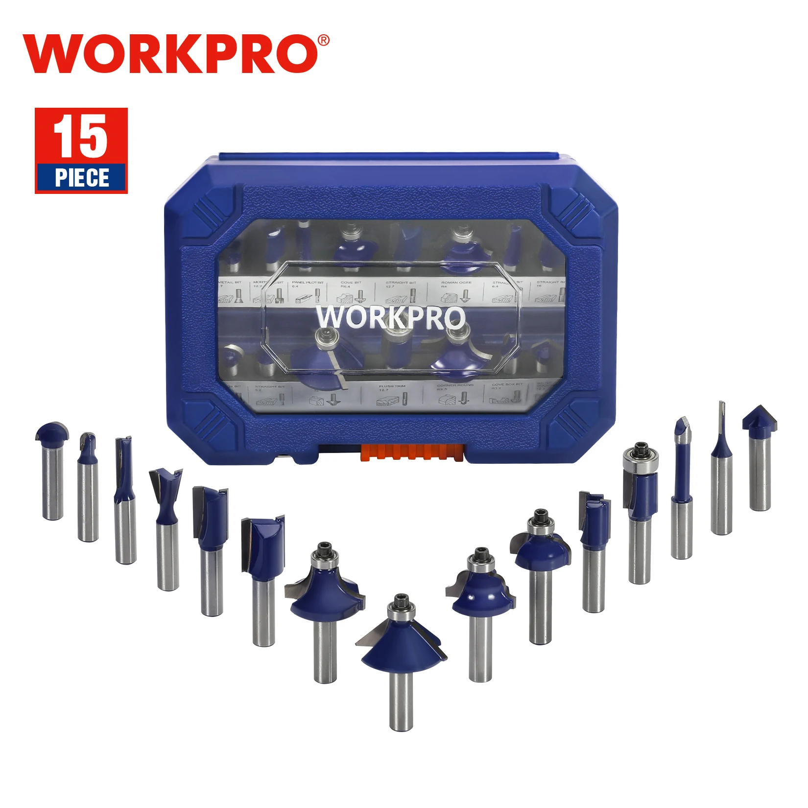 WORKPRO 15 Bộ Router Bit Bộ 8Mm Cắt Tỉa Thẳng Xay Cắt Cho Chế Biến Gỗ