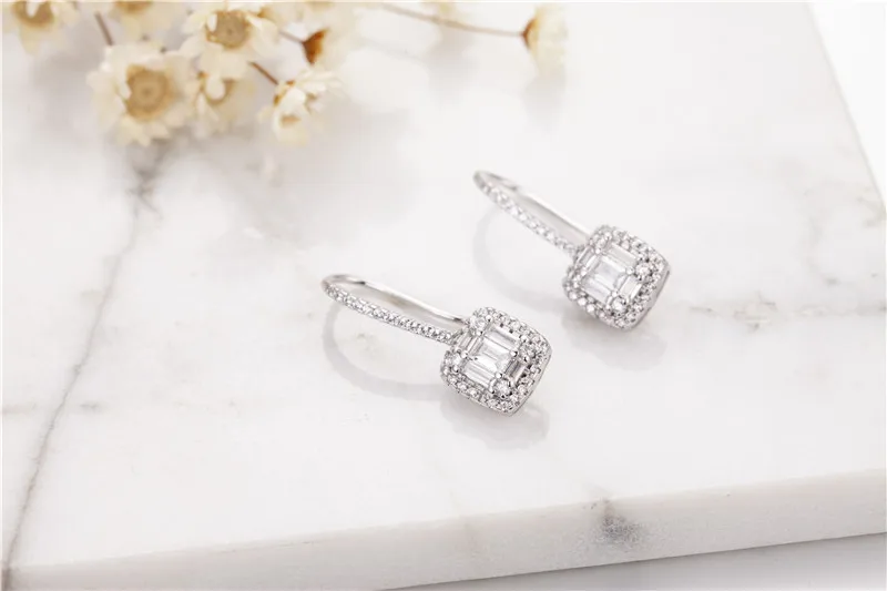 Lady's Classic solid 925 Sterling Silver Earrings Luxury Square Put together Diamond Earrings Wedding Jewelry for Women girls