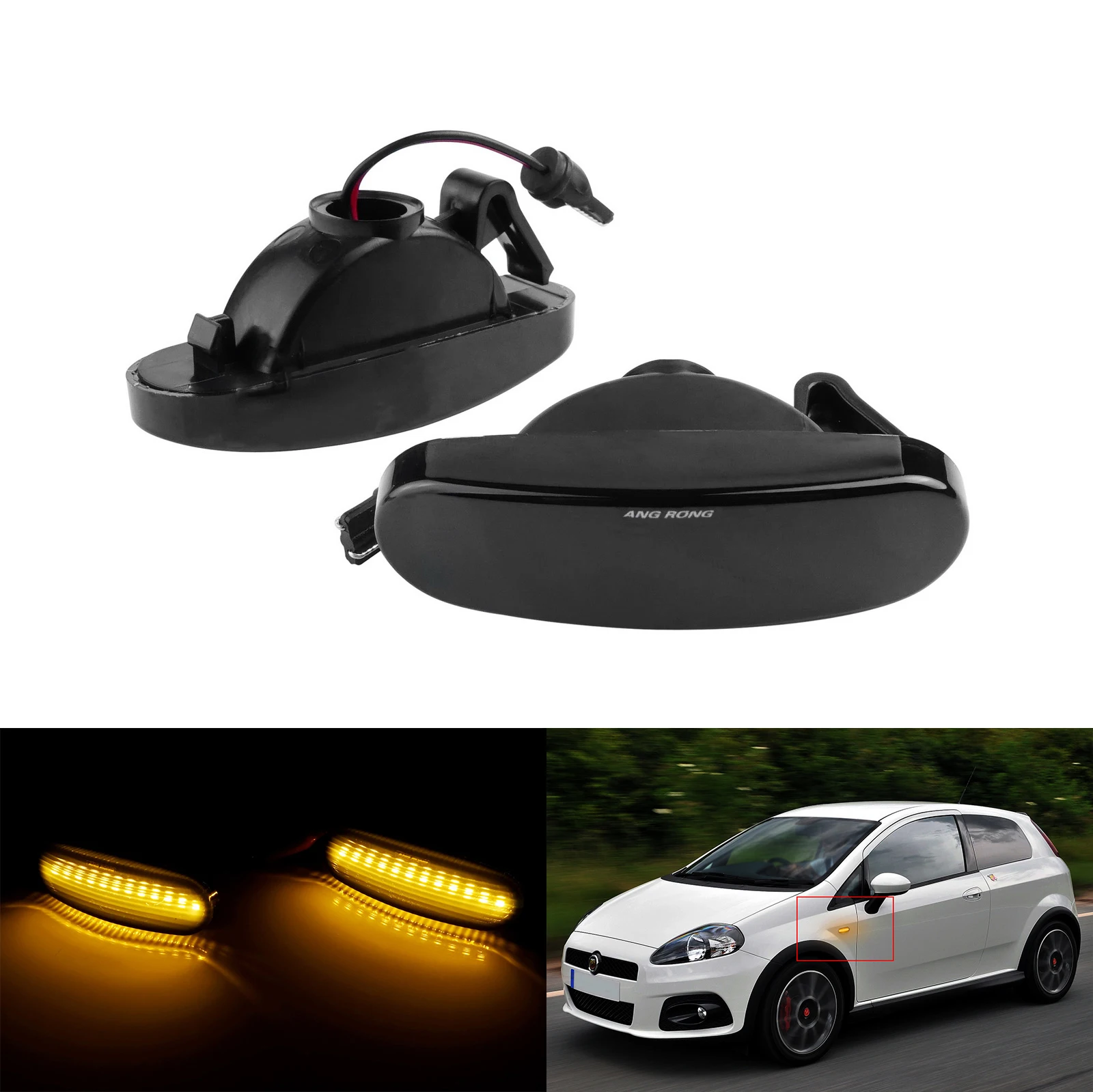 ANGRONG 2X Black Smoked Side Indicator LED Repeater Light Amber For Fiat Punto Panda Qubo Stilo